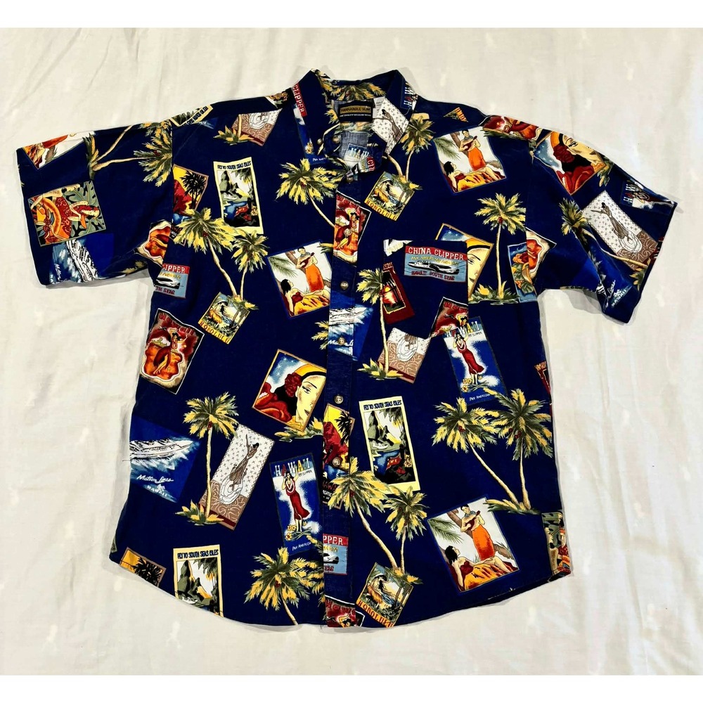 Panhandle Slim Mens L Navy Tropical‎ Postcard Print Cotton Button Down Shirt L